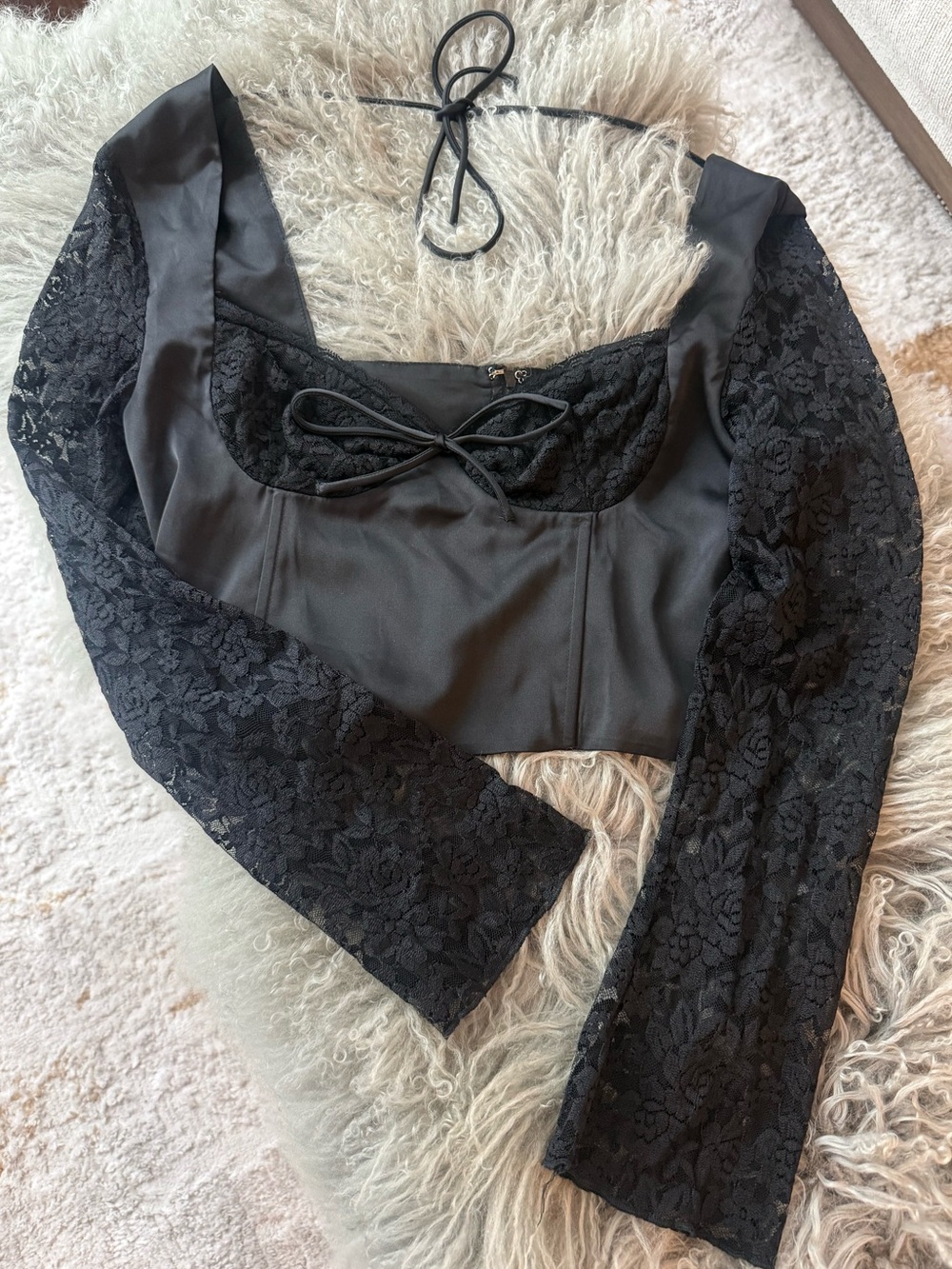Princess Polly Black Lace Sleeve Cropped Top Corset with Tie Front